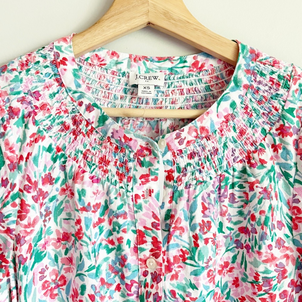 J Crew Womens Linen Blend Floral Button Up Top Size XS Smock Neck Lightweight - Picture 2 of 10